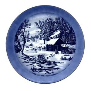 Vintage Currier & Ives Collector's Plate " Home in the Wilderness" 8" Blue White